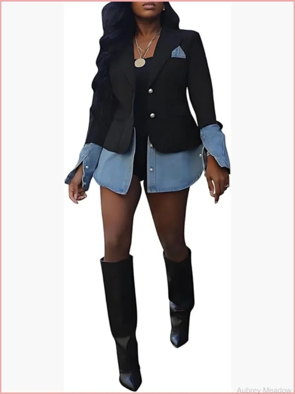 Casual Blazer Denim Patchwork Long Sleeve Slim Fit Work Office Jacket